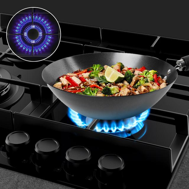 Bolero Squad G 4400F Glass Black - Placa de gas de 4 Fuegos, 8kW, Glass Black, Parrillas de Hierro Fundido, Quemador WOK Triple Corona, Encendido Electrónico, Seguridad en Válvulas, accesorio para la conversión de gas incluído.