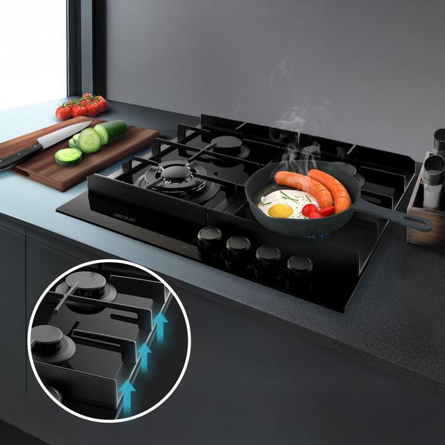 Bolero Squad G 4400F Glass Black - Placa de gas de 4 Fuegos, 8kW, Glass Black, Parrillas de Hierro Fundido, Quemador WOK Triple Corona, Encendido Electrónico, Seguridad en Válvulas, accesorio para la conversión de gas incluído.