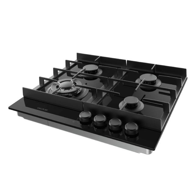 Bolero Squad G 4400F Glass Black - Placa de gas de 4 Fuegos, 8kW, Glass Black, Parrillas de Hierro Fundido, Quemador WOK Triple Corona, Encendido Electrónico, Seguridad en Válvulas, accesorio para la conversión de gas incluído.