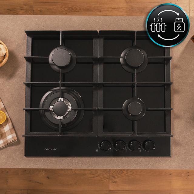 Bolero Squad G 4400F Glass Black - Placa de gas de 4 Fuegos, 8kW, Glass Black, Parrillas de Hierro Fundido, Quemador WOK Triple Corona, Encendido Electrónico, Seguridad en Válvulas, accesorio para la conversión de gas incluído.