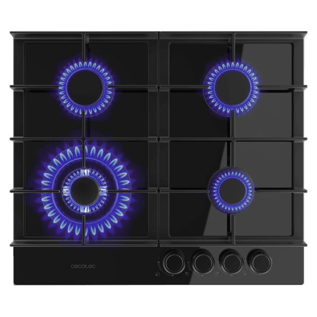 Bolero Squad G 4400F Glass Black - Placa de gas de 4 Fuegos, 8kW, Glass Black, Parrillas de Hierro Fundido, Quemador WOK Triple Corona, Encendido Electrónico, Seguridad en Válvulas, accesorio para la conversión de gas incluído.