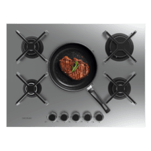 Bolero Squad G 5400S Inox - Placa de gas de 5 Fuegos, 10,4kW, Acero Inoxidable, Parrillas de Hierro Fundido, Quemador WOK Triple Corona, Encendido Electrónico, Seguridad en Válvulas, accesorio para la conversión de gas incluído.