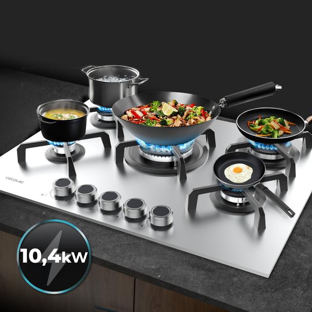 Bolero Squad G 5400S Inox - Placa de gas de 5 Fuegos, 10,4kW, Acero Inoxidable, Parrillas de Hierro Fundido, Quemador WOK Triple Corona, Encendido Electrónico, Seguridad en Válvulas, accesorio para la conversión de gas incluído.