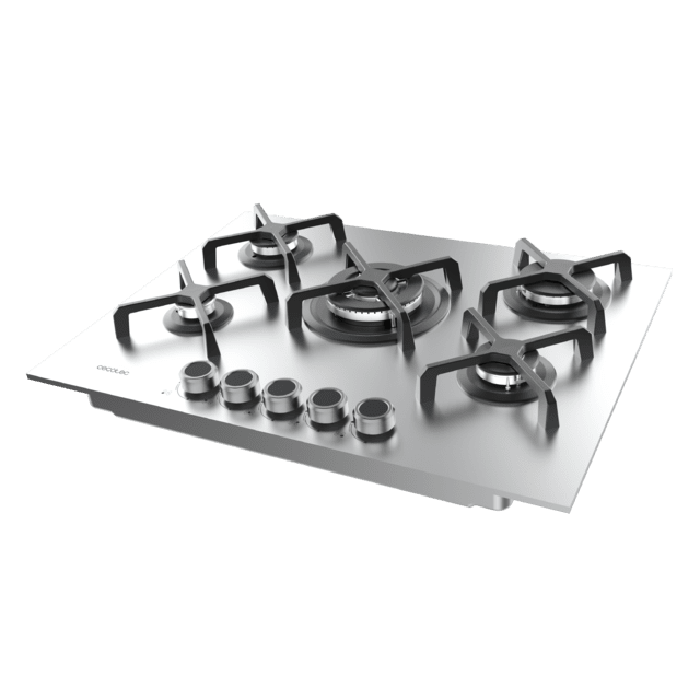 Bolero Squad G 5400S Inox - Placa de gas de 5 Fuegos, 10,4kW, Acero Inoxidable, Parrillas de Hierro Fundido, Quemador WOK Triple Corona, Encendido Electrónico, Seguridad en Válvulas, accesorio para la conversión de gas incluído.