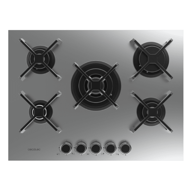 Bolero Squad G 5400S Inox - Placa de gas de 5 Fuegos, 10,4kW, Acero Inoxidable, Parrillas de Hierro Fundido, Quemador WOK Triple Corona, Encendido Electrónico, Seguridad en Válvulas, accesorio para la conversión de gas incluído.