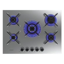 Bolero Squad G 5400S Inox - Placa de gas de 5 Fuegos, 10,4kW, Acero Inoxidable, Parrillas de Hierro Fundido, Quemador WOK Triple Corona, Encendido Electrónico, Seguridad en Válvulas, accesorio para la conversión de gas incluído.