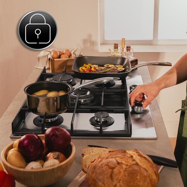 Bolero Squad G 5400F Inox - Plaque de cuisson à gaz 5 brûleurs, 10,4 kW, acier inoxydable, grilles en fonte, brûleur WOK à triple couronne, allumage électronique, soupapes de sécurité, accessoire de conversion de gaz inclus.