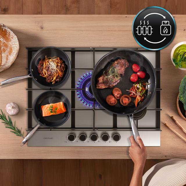 Plaque De Gaz Cecotec Bolero 5 Feux - 10.4 KW, Verre Noir, Grilles Fonte, Brûleur WOK, Allumage électronique