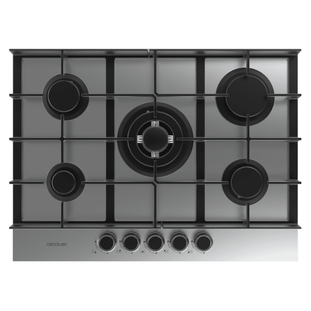 Bolero Squad G 5400F Inox - Placa de gas de 5 Fuegos, 10,4kW, Acero Inoxidable, Parrillas de Hierro Fundido, Quemador WOK Triple Corona, Encendido Electrónico, Seguridad en Válvulas, accesorio para la conversión de gas incluído.