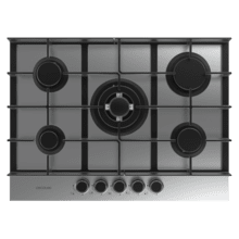 Bolero Squad G 5400F Inox - Placa de gas de 5 Fuegos, 10,4kW, Acero Inoxidable, Parrillas de Hierro Fundido, Quemador WOK Triple Corona, Encendido Electrónico, Seguridad en Válvulas, accesorio para la conversión de gas incluído.