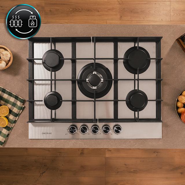 Bolero Squad G 5400F Inox - Plaque de cuisson à gaz 5 brûleurs, 10,4 kW, acier inoxydable, grilles en fonte, brûleur WOK à triple couronne, allumage électronique, soupapes de sécurité, accessoire de conversion de gaz inclus.
