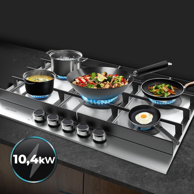 Bolero Squad G 5400F Inox - Placa de gas de 5 Fuegos, 10,4kW, Acero Inoxidable, Parrillas de Hierro Fundido, Quemador WOK Triple Corona, Encendido Electrónico, Seguridad en Válvulas, accesorio para la conversión de gas incluído.