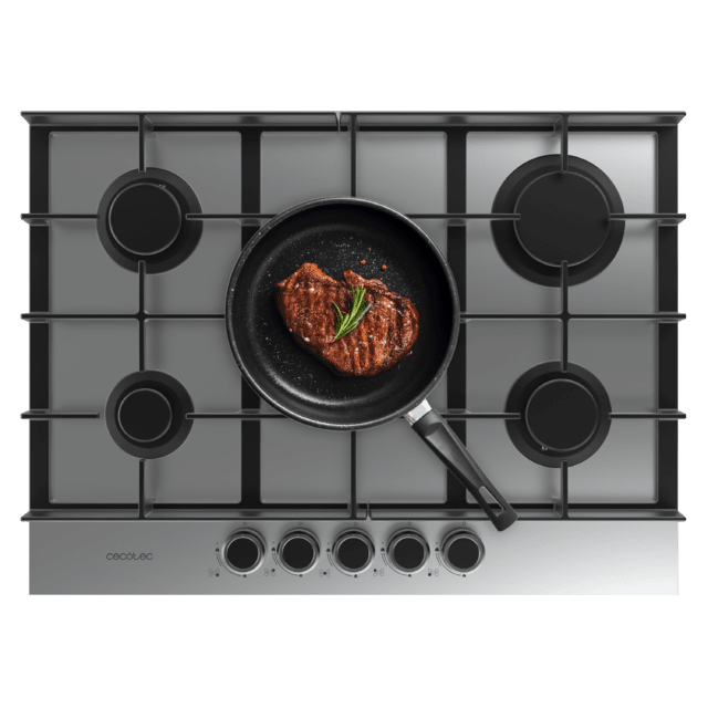 Bolero Squad G 5400F Inox - Placa de gas de 5 Fuegos, 10,4kW, Acero Inoxidable, Parrillas de Hierro Fundido, Quemador WOK Triple Corona, Encendido Electrónico, Seguridad en Válvulas, accesorio para la conversión de gas incluído.