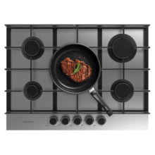 Bolero Squad G 5400F Inox - Placa de gas de 5 Fuegos, 10,4kW, Acero Inoxidable, Parrillas de Hierro Fundido, Quemador WOK Triple Corona, Encendido Electrónico, Seguridad en Válvulas, accesorio para la conversión de gas incluído.