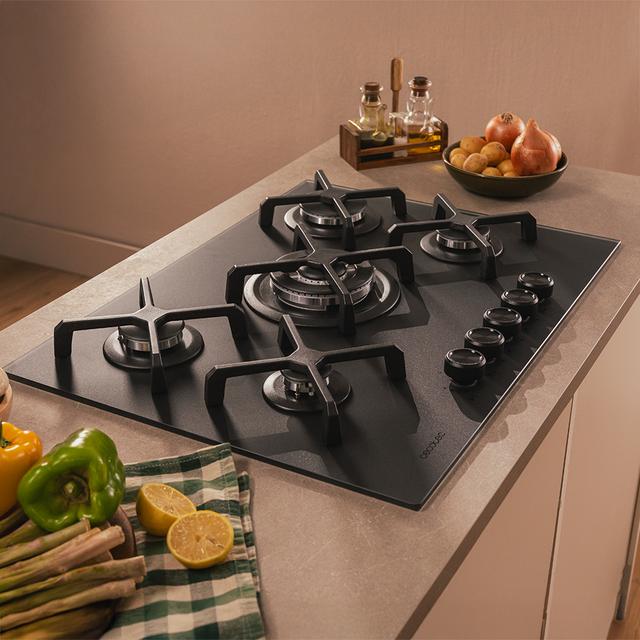 Bolero Squad G 5400S Nano Glass - Plaque de cuisson à gaz 5 brûleurs, 10,4 kW, Nano Glass, grilles en fonte, brûleur WOK à triple couronne, allumage électronique, sécurité des soupapes, accessoire de conversion de gaz inclus.