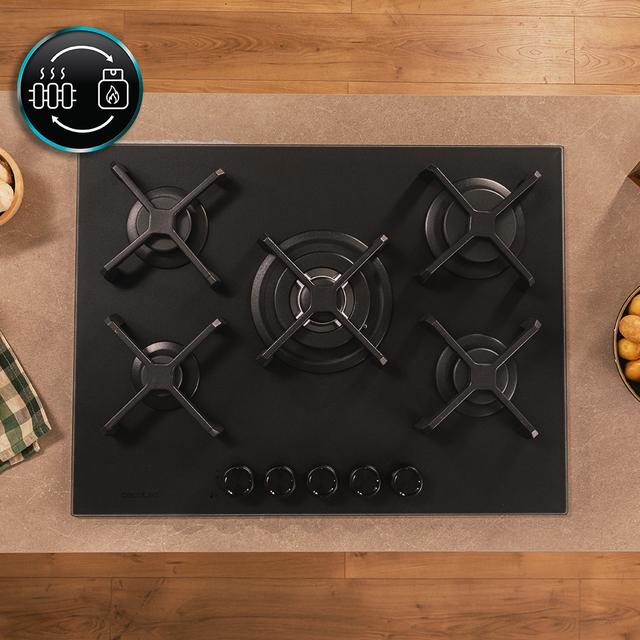Bolero Squad G 5400S Nano Glass - Plaque de cuisson à gaz 5 brûleurs, 10,4 kW, Nano Glass, grilles en fonte, brûleur WOK à triple couronne, allumage électronique, sécurité des soupapes, accessoire de conversion de gaz inclus.