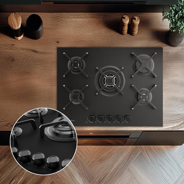 Bolero Squad G 5400S Nano Glass - Placa de gas de 5 Fuegos, 10,4kW, Nano Glass, Parrillas de Hierro Fundido, Quemador WOK Triple Corona, Encendido Electrónico, Seguridad en Válvulas, accesorio para la conversión de gas incluído.
