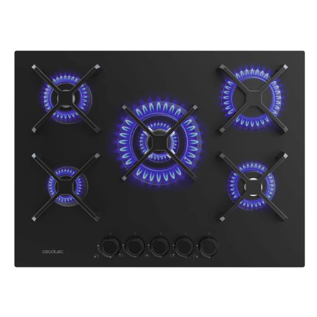 Bolero Squad G 5400S Nano Glass - Placa de gas de 5 Fuegos, 10,4kW, Nano Glass, Parrillas de Hierro Fundido, Quemador WOK Triple Corona, Encendido Electrónico, Seguridad en Válvulas, accesorio para la conversión de gas incluído.