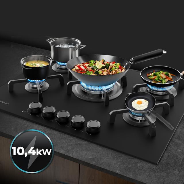 Bolero Squad G 5400S Nano Glass - Placa de gas de 5 Fuegos, 10,4kW, Nano Glass, Parrillas de Hierro Fundido, Quemador WOK Triple Corona, Encendido Electrónico, Seguridad en Válvulas, accesorio para la conversión de gas incluído.
