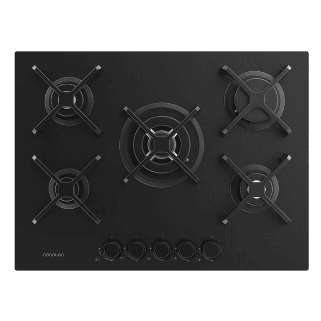 Bolero Squad G 5400S Nano Glass - Placa de gas de 5 Fuegos, 10,4kW, Nano Glass, Parrillas de Hierro Fundido, Quemador WOK Triple Corona, Encendido Electrónico, Seguridad en Válvulas, accesorio para la conversión de gas incluído.