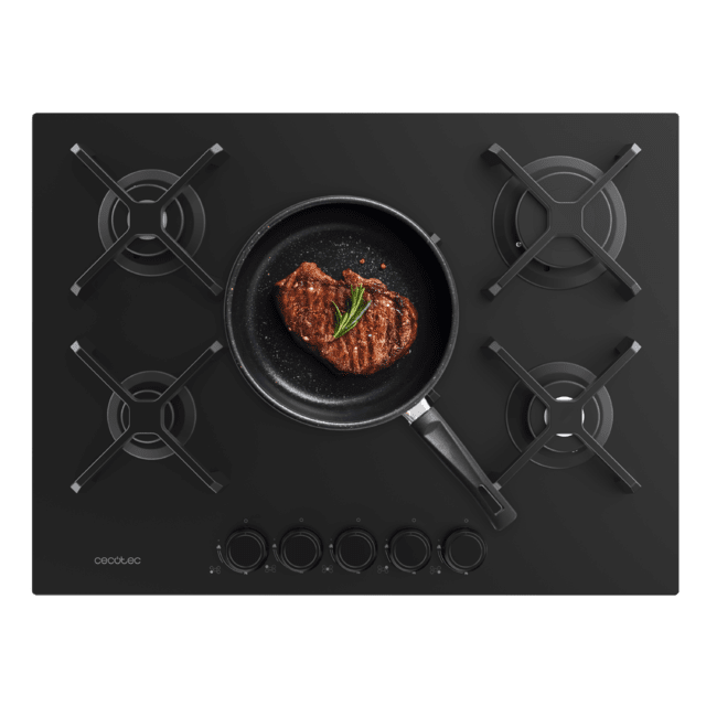 Bolero Squad G 5400S Nano Glass - Placa de gas de 5 Fuegos, 10,4kW, Nano Glass, Parrillas de Hierro Fundido, Quemador WOK Triple Corona, Encendido Electrónico, Seguridad en Válvulas, accesorio para la conversión de gas incluído.