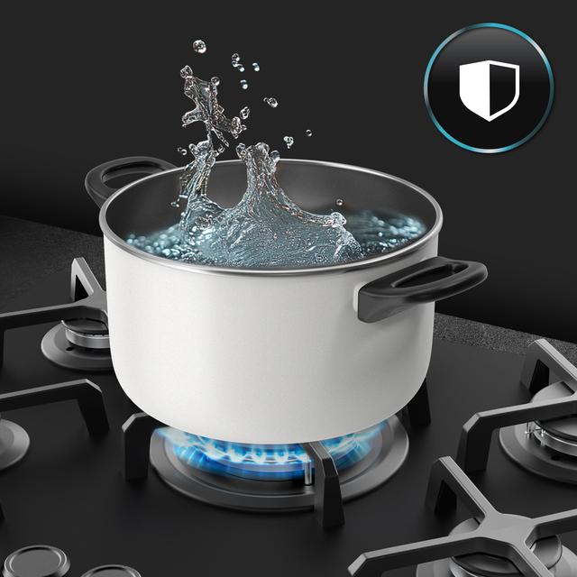 Bolero Squad G 5400S Nano Glass - Placa de gas de 5 Fuegos, 10,4kW, Nano Glass, Parrillas de Hierro Fundido, Quemador WOK Triple Corona, Encendido Electrónico, Seguridad en Válvulas, accesorio para la conversión de gas incluído.