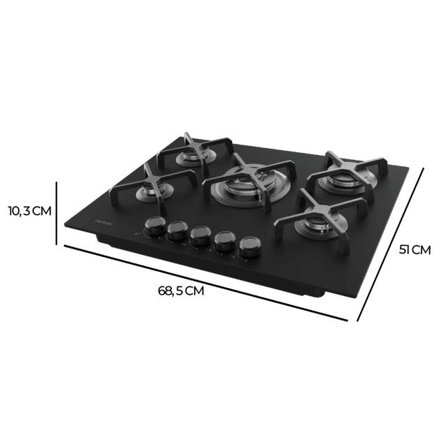 Bolero Squad G 5400S Nano Glass - Placa de gas de 5 Fuegos, 10,4kW, Nano Glass, Parrillas de Hierro Fundido, Quemador WOK Triple Corona, Encendido Electrónico, Seguridad en Válvulas, accesorio para la conversión de gas incluído.