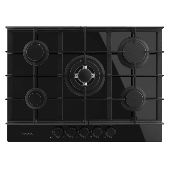 Bolero Squad G 5400F Glass Black - Placa de gas de 5 Fuegos, 10,4kW, Glass Black, Parrillas de Hierro Fundido, Quemador WOK Triple Corona, Encendido Electrónico, Seguridad en Válvulas, accesorio para la conversión de gas incluído.