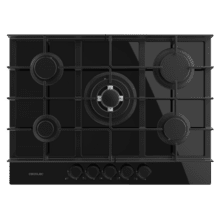Bolero Squad G 5400F Glass Black - Placa de gas de 5 Fuegos, 10,4kW, Glass Black, Parrillas de Hierro Fundido, Quemador WOK Triple Corona, Encendido Electrónico, Seguridad en Válvulas, accesorio para la conversión de gas incluído.