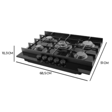 Bolero Squad G 5400F Glass Black - Placa de gas de 5 Fuegos, 10,4kW, Glass Black, Parrillas de Hierro Fundido, Quemador WOK Triple Corona, Encendido Electrónico, Seguridad en Válvulas, accesorio para la conversión de gas incluído.