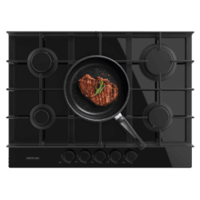 Bolero Squad G 5400F Glass Black - Placa de gas de 5 Fuegos, 10,4kW, Glass Black, Parrillas de Hierro Fundido, Quemador WOK Triple Corona, Encendido Electrónico, Seguridad en Válvulas, accesorio para la conversión de gas incluído.