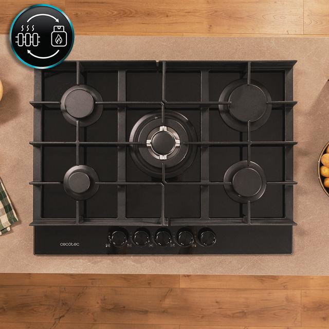 Bolero Squad G 5400F Glass Black - Placa de gas de 5 Fuegos, 10,4kW, Glass Black, Parrillas de Hierro Fundido, Quemador WOK Triple Corona, Encendido Electrónico, Seguridad en Válvulas, accesorio para la conversión de gas incluído.