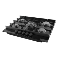 Bolero Squad G 5400F Glass Black - Placa de gas de 5 Fuegos, 10,4kW, Glass Black, Parrillas de Hierro Fundido, Quemador WOK Triple Corona, Encendido Electrónico, Seguridad en Válvulas, accesorio para la conversión de gas incluído.