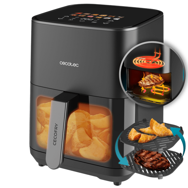 Fritadeira Cecofry&Grill Duoheat 4000 Air com dupla resistência para perfeito escurecimento e sabor grelhado em carnes, capacidade de 4 litros e potência de 1900 W para pratos saudáveis.