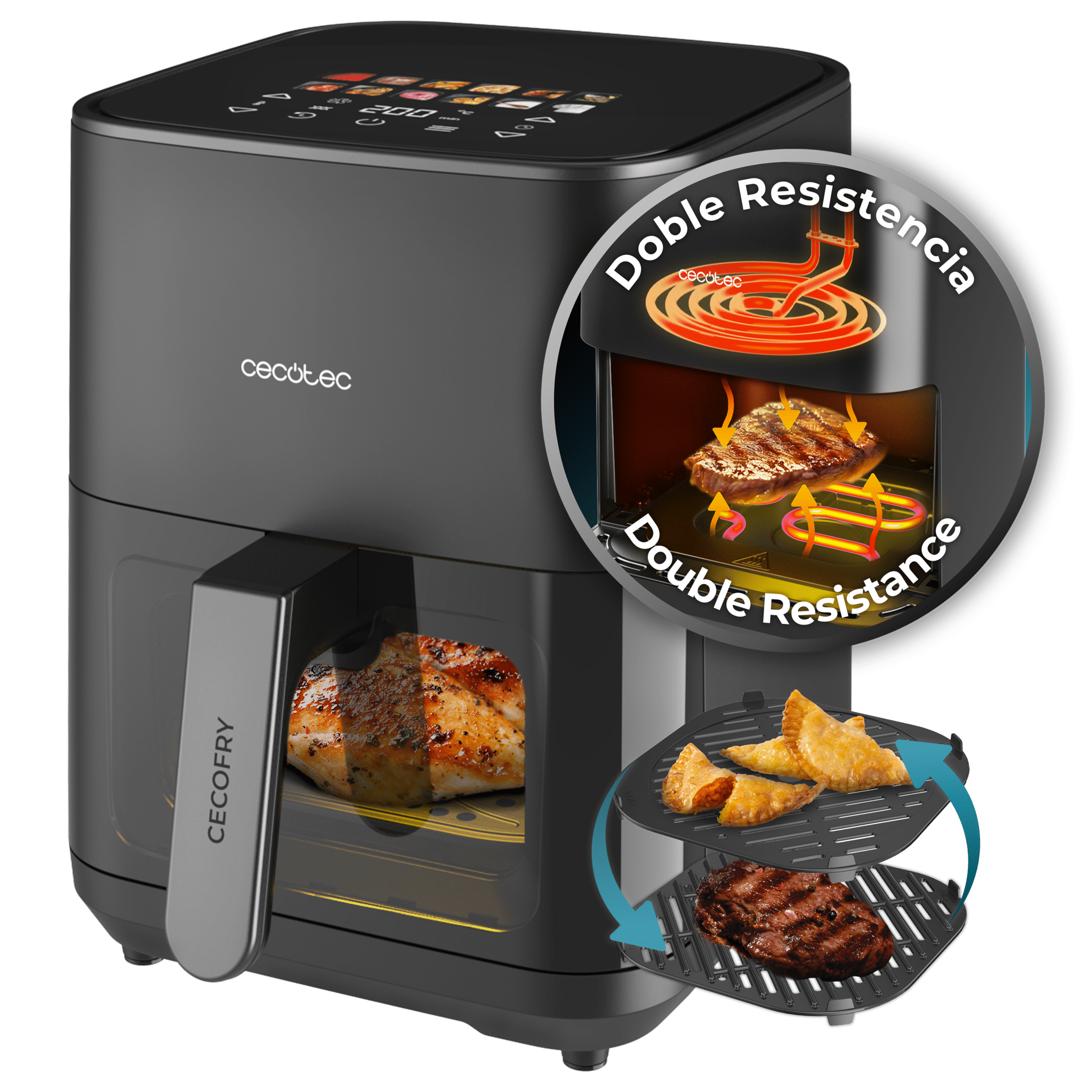 Cecofry&Grill Duoheat 4000 Heißluftfritteuse mit doppeltem Heizelement für perfekte Bräunung und Grillfleischgeschmack, 4 Liter Fassungsvermögen und 1900 W Leistung für gesunde Gerichte.