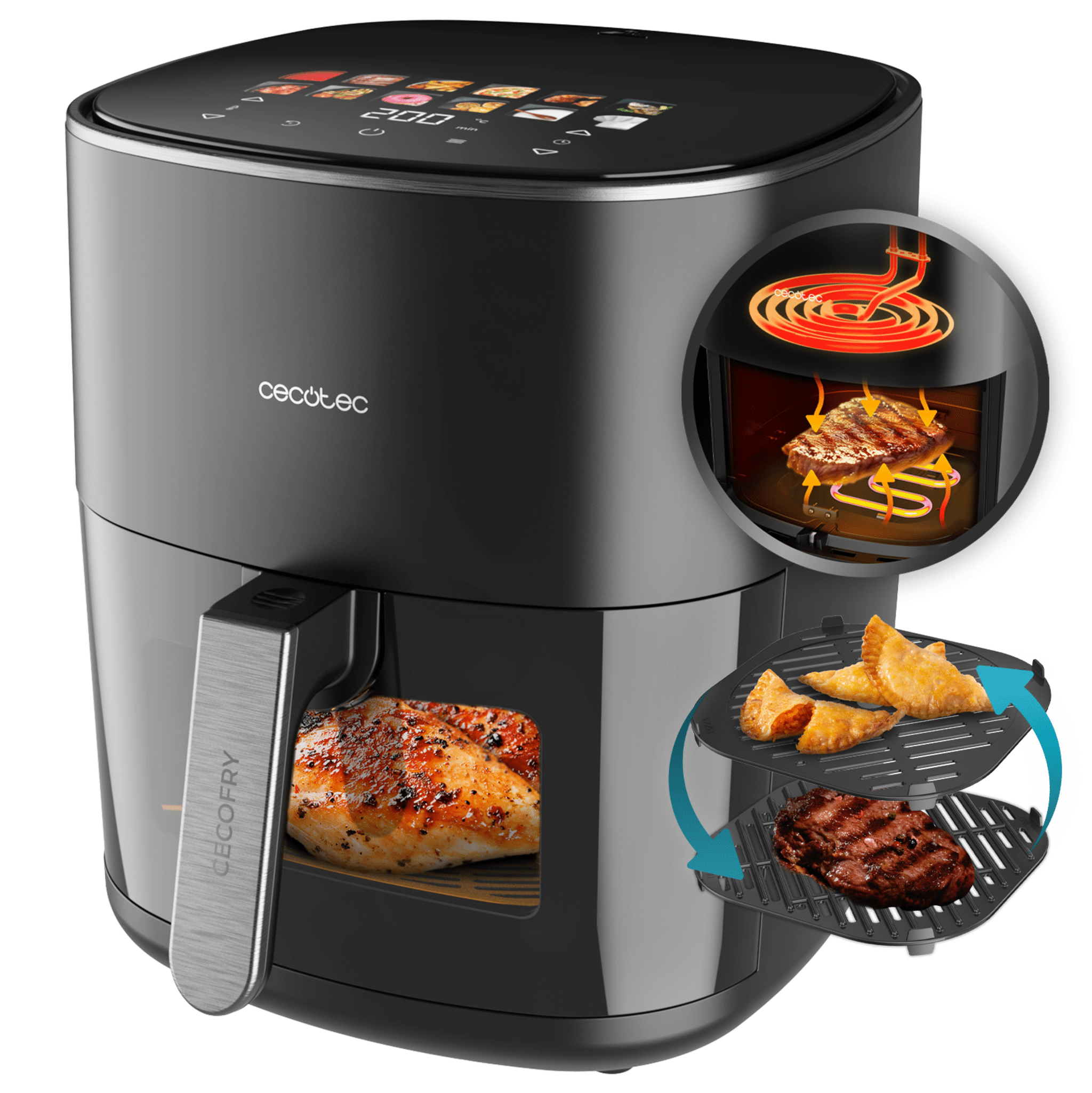 Cecofry&Grill Duoheat 6500 Friteuse à air avec double résistance pour un grillage parfait de la viande, capacité de 6,5 litres et puissance de 2200 W pour des plats sains.