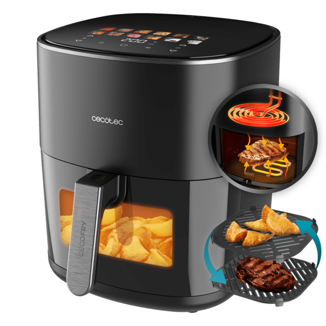 Fritadeira Cecofry&Grill Duoheat 6500 Air com dupla resistência para perfeito escurecimento e sabor grelhado em carnes, capacidade de 6,5 litros e potência de 2200 W para pratos saudáveis.