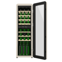 Bolero GrandSommelier Origin Duo 30 Hit Beige Cave à vin rétro en noir avec deux zones de température, capacité pour 30 bouteilles, contrôle électronique de la température par écran LED, zone de température 1 de 5 ºC à 12 ºC, zone de température 2 de 12 ºC à 20 ºC, technologie NoFrost, clayettes en bois, éclairage intérieur, ventilation interne assistée, 120,5 cm de hauteur, 36,6 cm de largeur, 47,6 cm de profondeur.