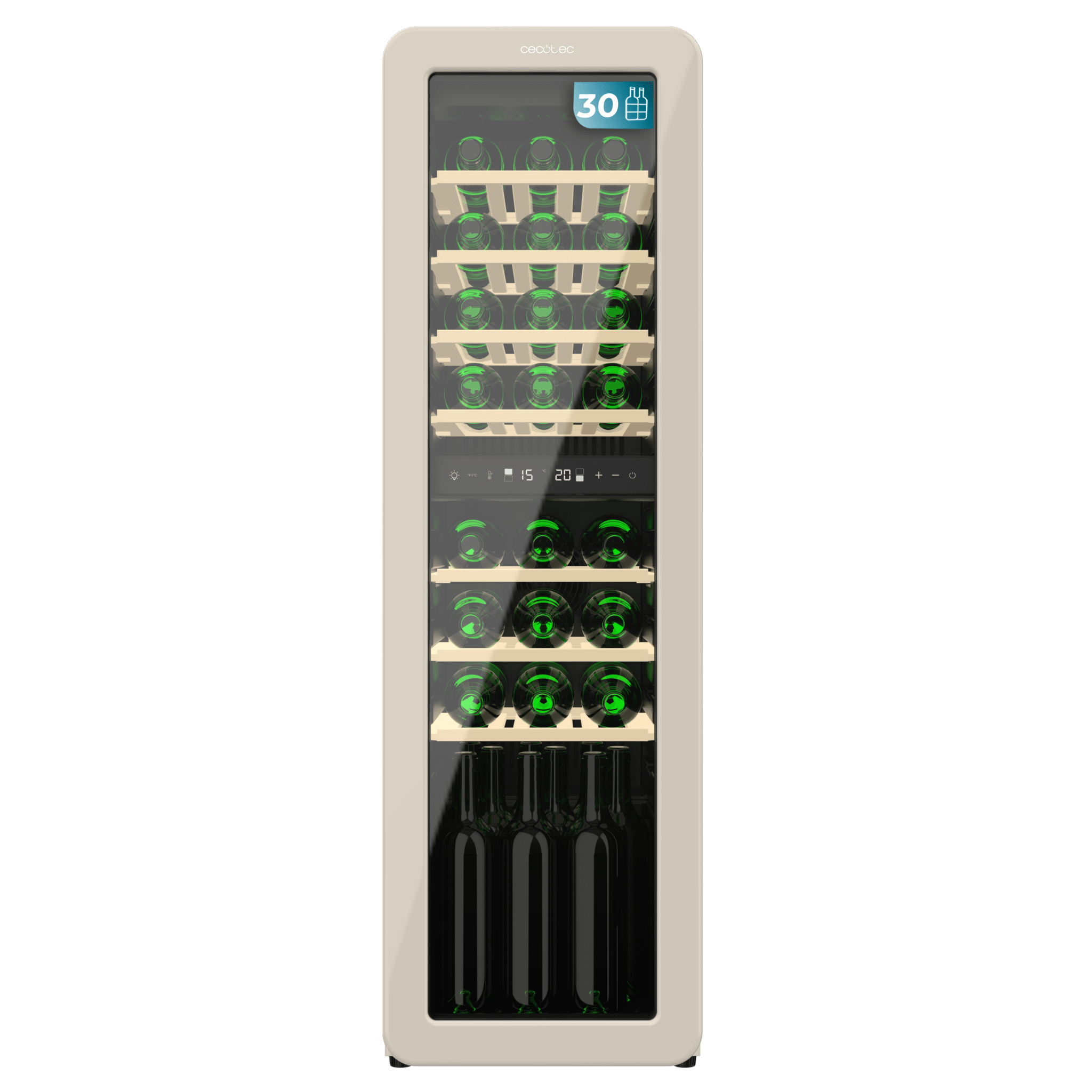 Bolero GrandSommelier Origin Duo 30 Hit Beige Cave de vinho de design retro em preto com duas zonas de temperatura, Capacidade para 30 garrafas, Controlo eletrónico de temperatura por visor LED, Temperatura Zona 1 de 5ºC a 12ºC, Temperatura Zona 2 de 12ºC a 20ºC, Tecnologia NoFrost, Prateleiras em madeira, Luz interior, Ventilação interna assistida por ventoinha, Dimensões 120,5cm altura, 36,6cm largura, 47,6cm profundidade