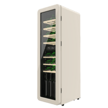 Bolero GrandSommelier Origin Duo 30 Hit Beige Cave à vin rétro en noir avec deux zones de température, capacité pour 30 bouteilles, contrôle électronique de la température par écran LED, zone de température 1 de 5 ºC à 12 ºC, zone de température 2 de 12 ºC à 20 ºC, technologie NoFrost, clayettes en bois, éclairage intérieur, ventilation interne assistée, 120,5 cm de hauteur, 36,6 cm de largeur, 47,6 cm de profondeur.
