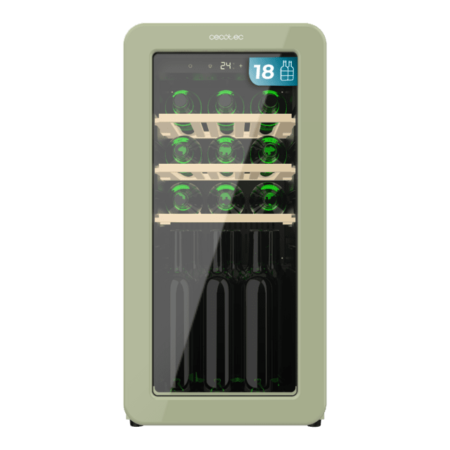 Bolero GrandSommelier Origin 18 Hit Green Vinoteca de diseño retro color verde, Capacidad para 18 botellas, Control electrónico de temperatura mediante display LED, Rango ajustable de 5 a 20ºC, Compresor Integrado, Tecnología NoFrost, Estantes de madera, Luz interior, Ventilación interna asistida por ventilador, Dimensiones de Alto 74,3cm, Ancho 36,6cm, Fondo 47,6cm