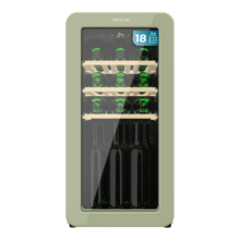 Bolero GrandSommelier Origin 18 Hit Green Cave à vin rétro en vert, capacité pour 18 bouteilles, contrôle électronique de la température par écran LED, plage de réglage de 5 ºC à 20 ºC, compresseur intégré, technologie NoFrost, clayettes en bois, éclairage intérieur, ventilation interne assistée, 74,3 cm de hauteur, 36,6 cm de largeur, 47,6 cm de profondeur.