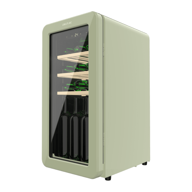 Bolero GrandSommelier Origin 18 Hit Green Vinoteca de diseño retro color verde, Capacidad para 18 botellas, Control electrónico de temperatura mediante display LED, Rango ajustable de 5 a 20ºC, Compresor Integrado, Tecnología NoFrost, Estantes de madera, Luz interior, Ventilación interna asistida por ventilador, Dimensiones de Alto 74,3cm, Ancho 36,6cm, Fondo 47,6cm