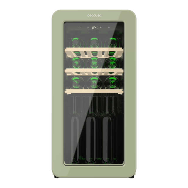 Bolero GrandSommelier Origin 18 Hit Green Vinoteca de diseño retro color verde, Capacidad para 18 botellas, Control electrónico de temperatura mediante display LED, Rango ajustable de 5 a 20ºC, Compresor Integrado, Tecnología NoFrost, Estantes de madera, Luz interior, Ventilación interna asistida por ventilador, Dimensiones de Alto 74,3cm, Ancho 36,6cm, Fondo 47,6cm