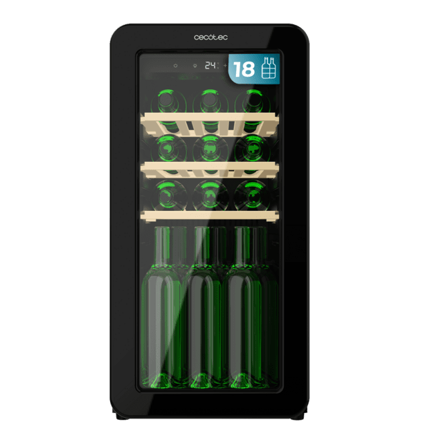 Bolero GrandSommelier Origin 18 Hit Black Vinoteca de diseño retro color negro, Capacidad para 18 botellas, Control electrónico de temperatura mediante display LED, Rango ajustable de 5 a 20ºC, Compresor Integrado, Tecnología NoFrost, Estantes de madera, Luz interior, Ventilación interna asistida por ventilador, Dimensiones de Alto 74,3cm, Ancho 36,6cm, Fondo 47,6cm