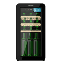 Bolero GrandSommelier Origin 18 Hit Black Cave à vin rétro en noir, capacité pour 18 bouteilles, contrôle électronique de la température par écran LED, plage de réglage de 5 ºC à 20 ºC, compresseur intégré, technologie NoFrost, clayettes en bois, éclairage intérieur, ventilation interne assistée, 74,3 cm de hauteur, 36,6 cm de largeur, 47,6 cm de profondeur.