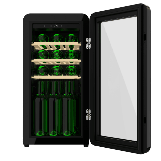 Bolero GrandSommelier Origin 18 Hit Black Vinoteca de diseño retro color negro, Capacidad para 18 botellas, Control electrónico de temperatura mediante display LED, Rango ajustable de 5 a 20ºC, Compresor Integrado, Tecnología NoFrost, Estantes de madera, Luz interior, Ventilación interna asistida por ventilador, Dimensiones de Alto 74,3cm, Ancho 36,6cm, Fondo 47,6cm