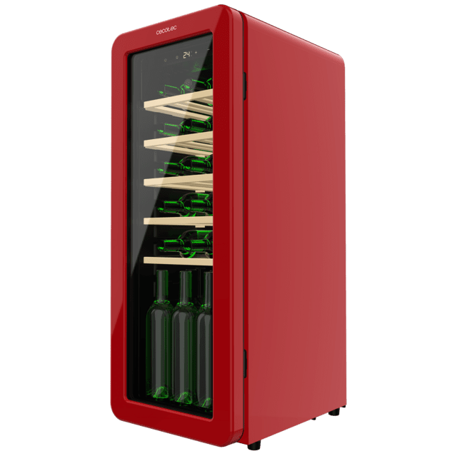 Bolero GrandSommelier Origin 24 Hit Red Vinoteca de diseño retro color rojo, Capacidad para 24 botellas, Control electrónico de temperatura mediante display LED, Rango ajustable de 5 a 20ºC, Tecnología NoFrost, Estantes madera, Luz interior, Ventilación interna asistida por ventilador, Dimensiones de Alto 92,8cm, Ancho 36,6cm, Fondo 47,6cm