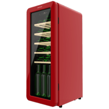 Bolero GrandSommelier Origin 24 Hit Red Cave à vin rétro en rouge, capacité pour 24 bouteilles, contrôle électronique de la température par écran LED, plage de réglage de 5 ºC à 20 ºC, technologie NoFrost, clayettes en bois, éclairage intérieur, ventilation interne assistée, 92,8 cm de hauteur, 36,6 cm de largeur, 47,6 cm de profondeur.