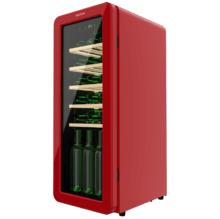 Bolero GrandSommelier Origin 24 Hit Red Vinoteca de diseño retro color rojo, Capacidad para 24 botellas, Control electrónico de temperatura mediante display LED, Rango ajustable de 5 a 20ºC, Tecnología NoFrost, Estantes madera, Luz interior, Ventilación interna asistida por ventilador, Dimensiones de Alto 92,8cm, Ancho 36,6cm, Fondo 47,6cm